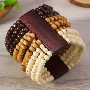 Western Bohemian Multi-Tone Wooden Bead Bracelet - Natural Brown & Cream Cowgirl